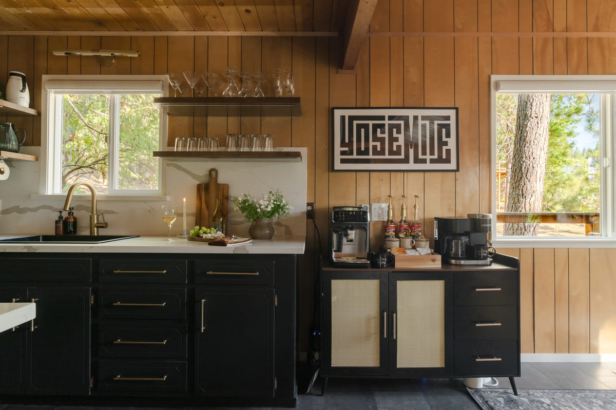 The kitchen and the espresso bar under the Yosemite sign