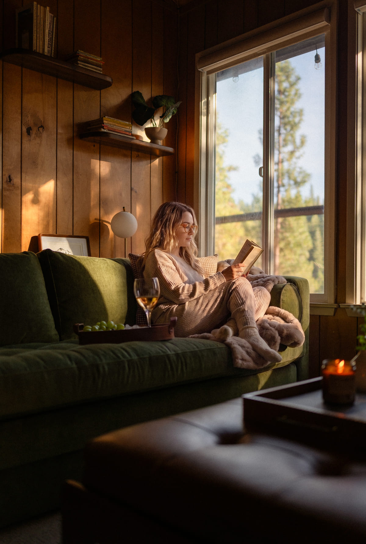 Reading on the green sofa in afternoon light